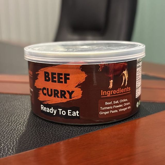 A can of Prime Harvest beef curry, ready to eat